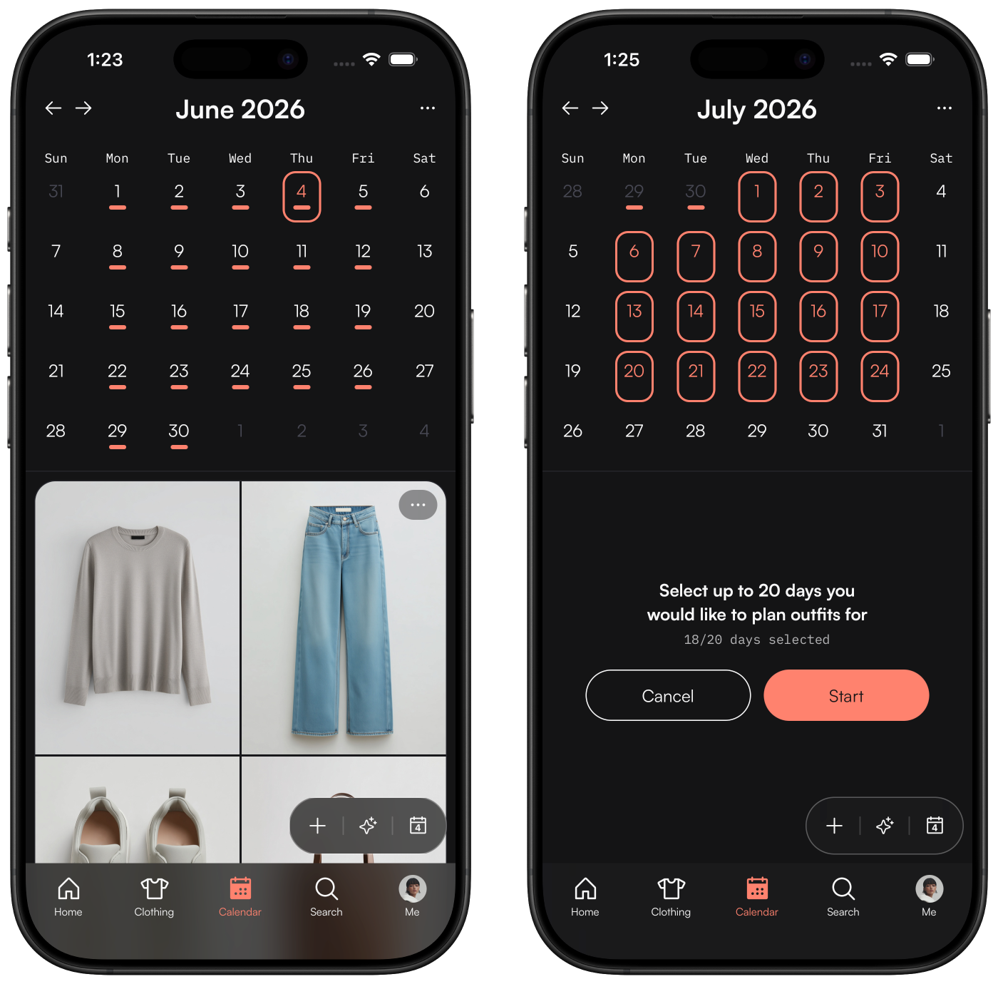 Outfit planning calendar in The Clothing App with outfits scheduled across the week