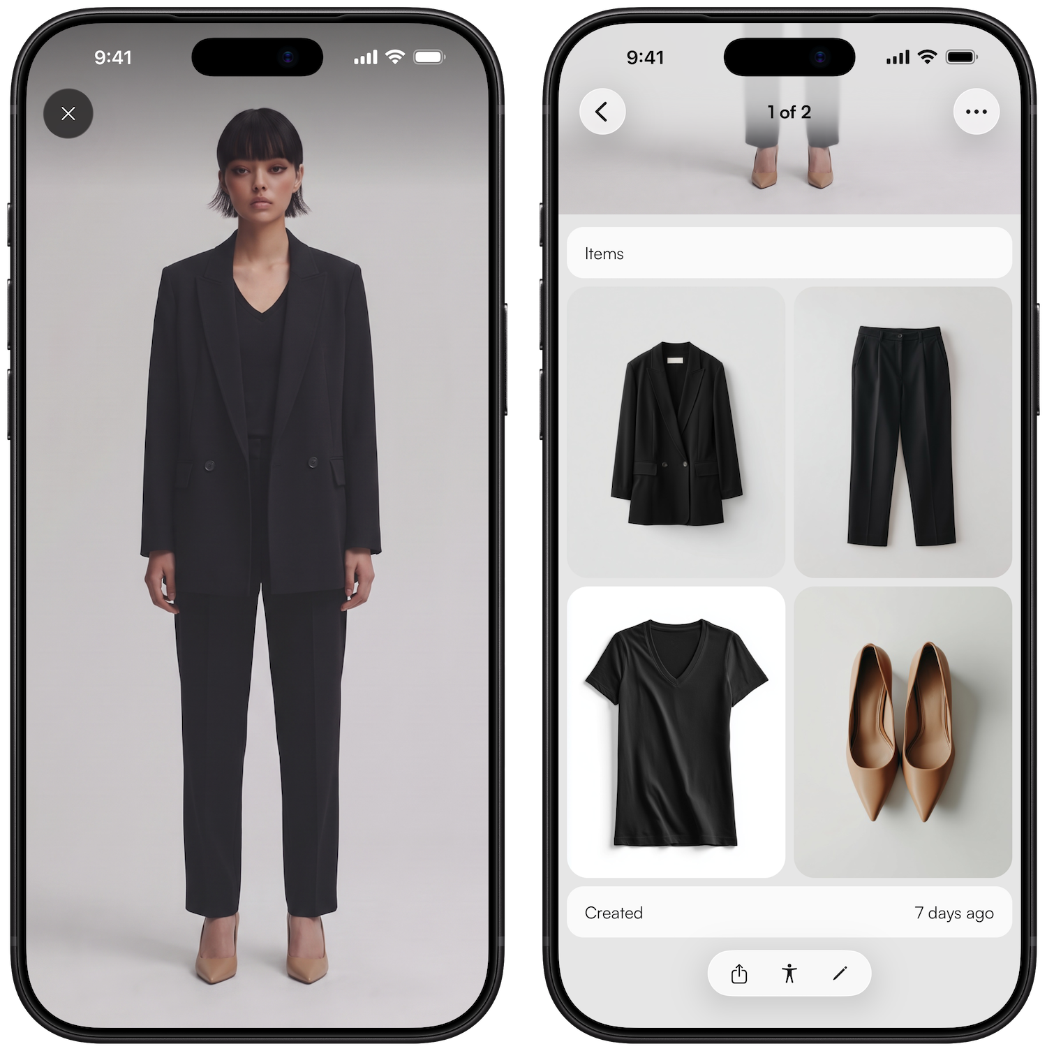 Fitting Room in The Clothing App showing an outfit tried on a studio model photo of the user, next to studio flat lay photos of each item