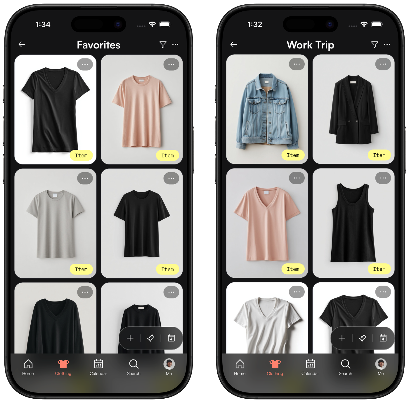 Packing list in The Clothing App combining clothing items and outfits