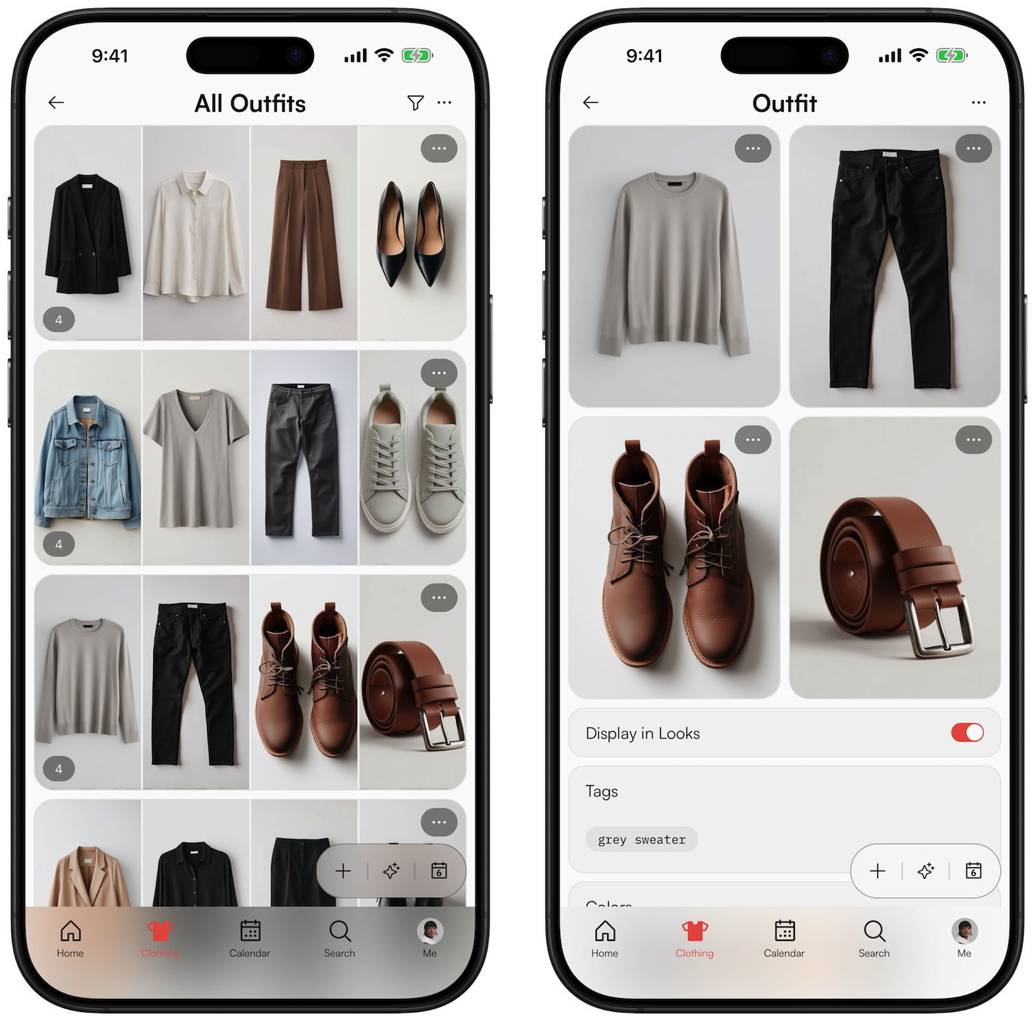 Outfit builder in The Clothing App combining items into a saved look