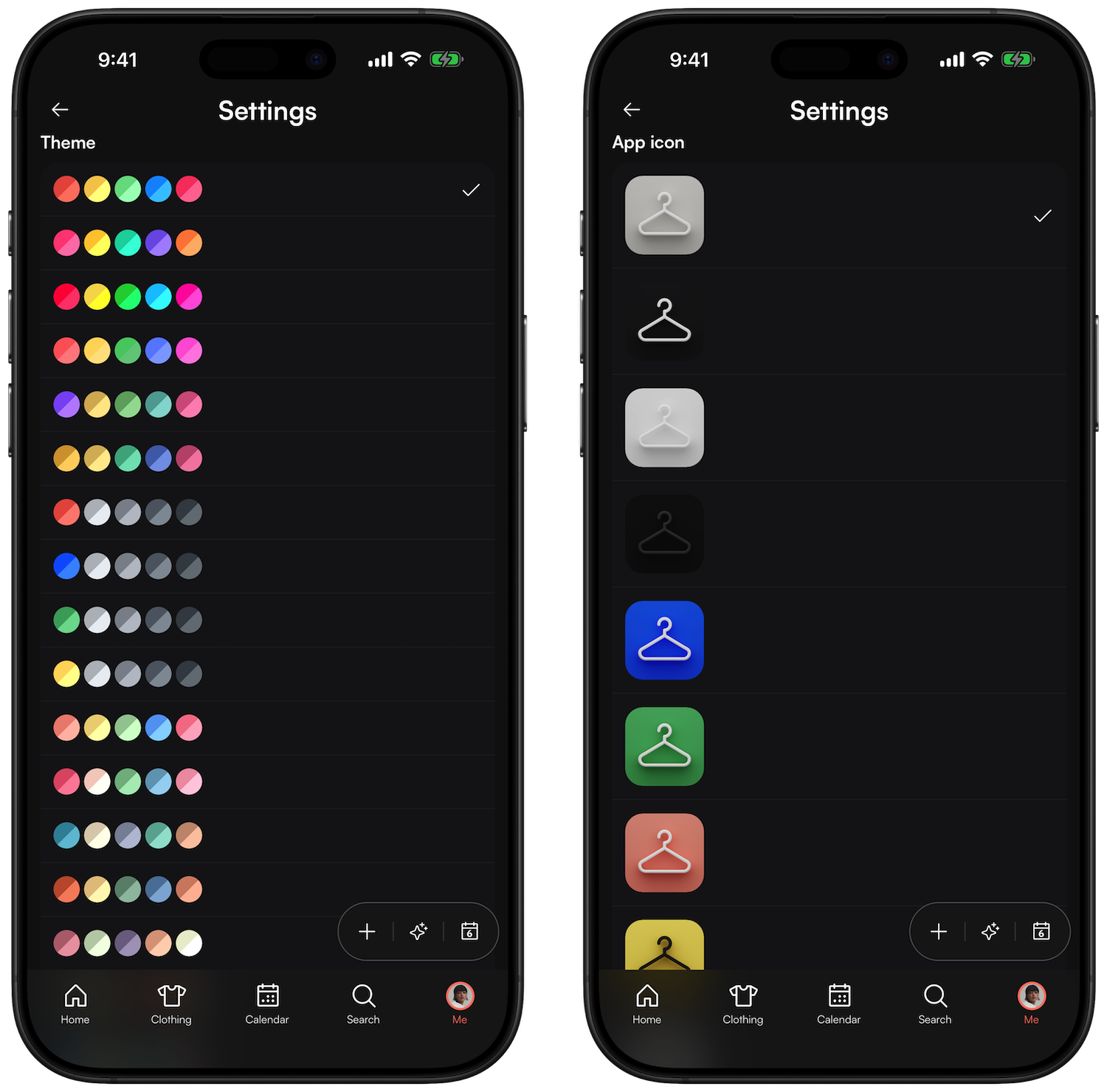 The Clothing App personalization options showing color themes and layout settings