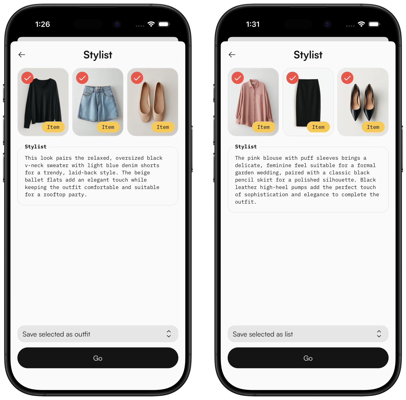 AI Stylist in The Clothing App suggesting a complete outfit from your wardrobe
